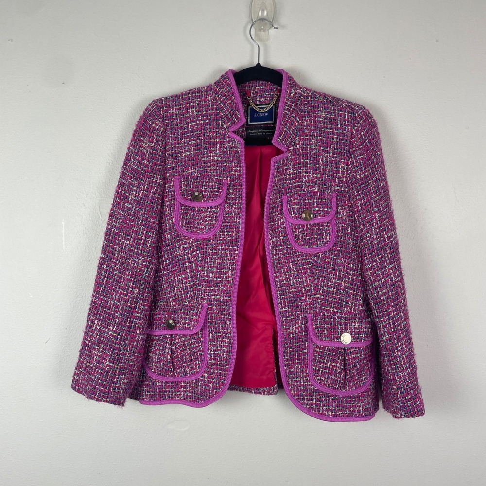 J.Crew Womens Blazer Fitted Jacket Pink Purple Gold Pockets Size 2 Autumn Tweed